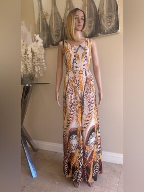 Women's Sleeveless Printed Maxi Dress - Yellow & Brown